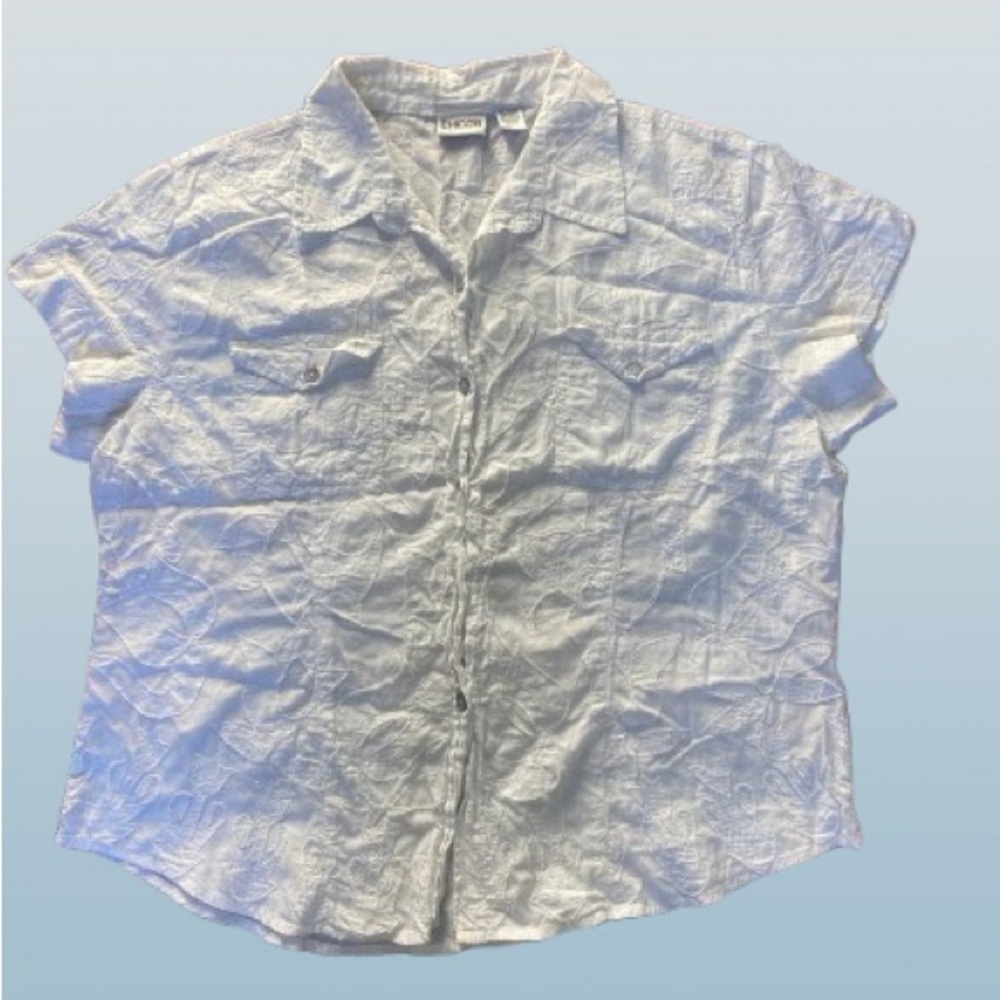 Chico’s Embroidered Blouse, Sz 3, White Button Up w/Collar, Pockets, 100% Cotton